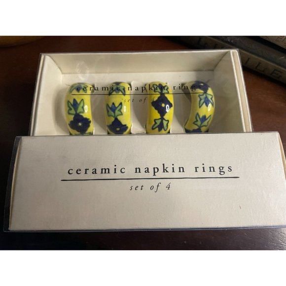 Pier 1 Imports Ceramic NAPKIN RINGS Set of 4 Yellow Blue Flowers 520/5207 - Picture 8 of 9